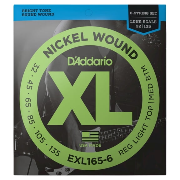 D'Addario EXL165-6 6-String Nickel Wound Bass Guitar Strings, Custom Light, 32-135, Long Scale