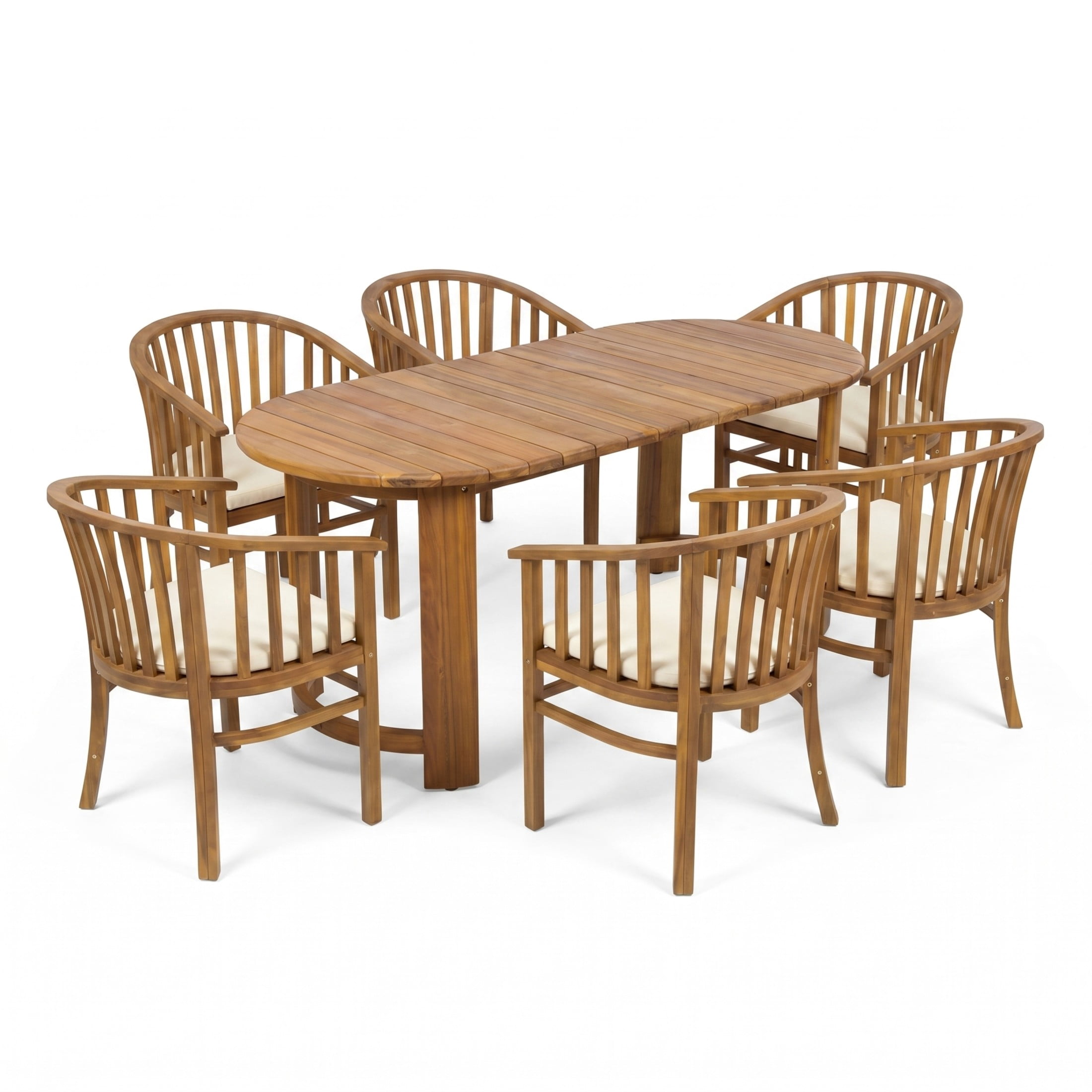 Christopher Knight Home 7-Piece Wood Patio Dining Set, Oval Table with 6 Armchairs, Teak+Cream