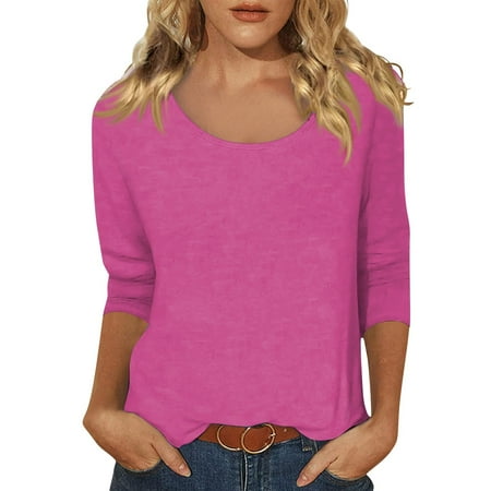 Womens Tops  Casual Cotton Linen 3/4 Sleeved Round Neck Plus Size Solid T-Shirt Basic Top Green T Shirts For Women Going Out Tops Work Gym Camisole Tank Tops Bra Tank (XL  Hot Pink) ZMTing
