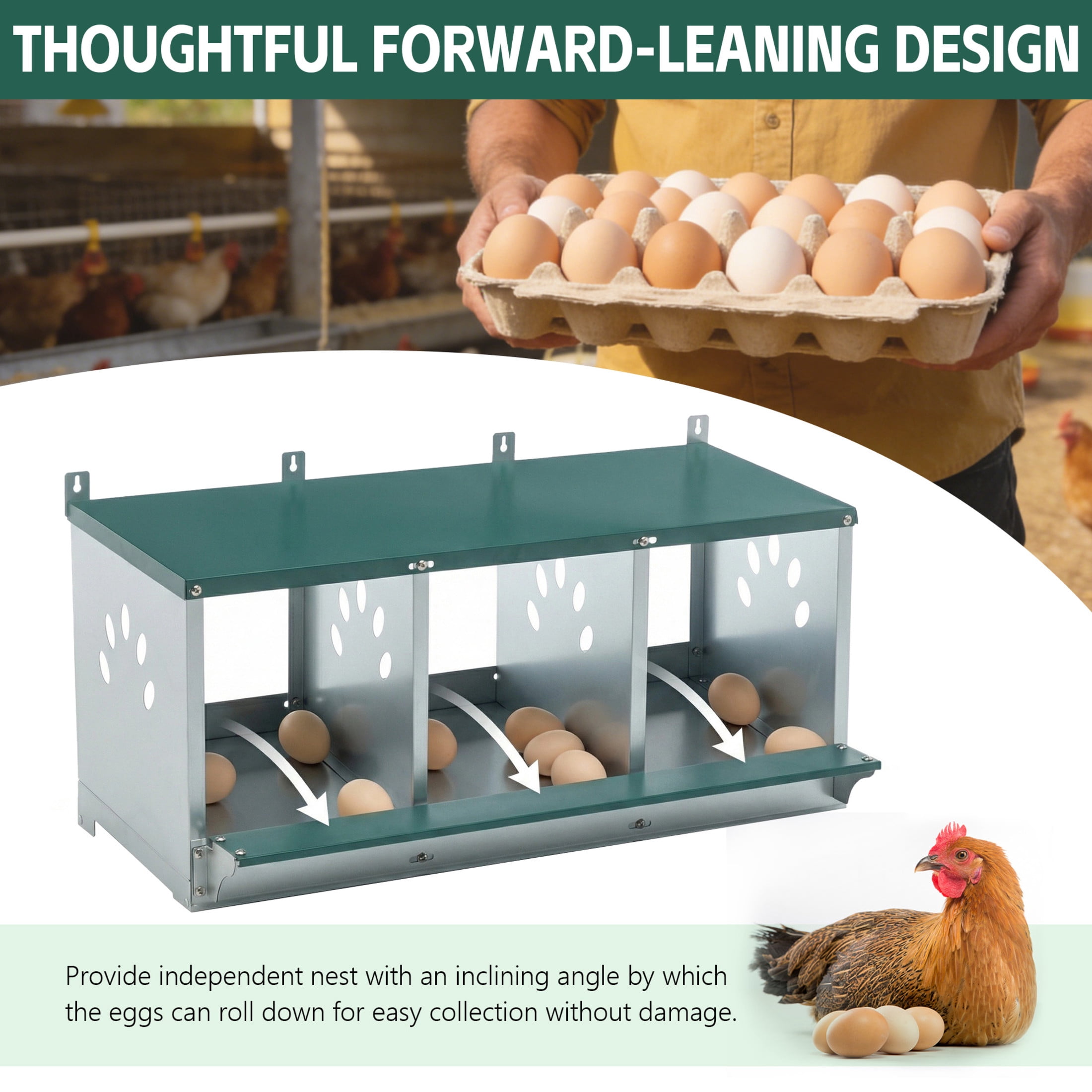 Noble House 3-Hole Steel Chicken Nesting Box with Sloped Roof and Egg Collection Incline, for Hens, Ducks, Green