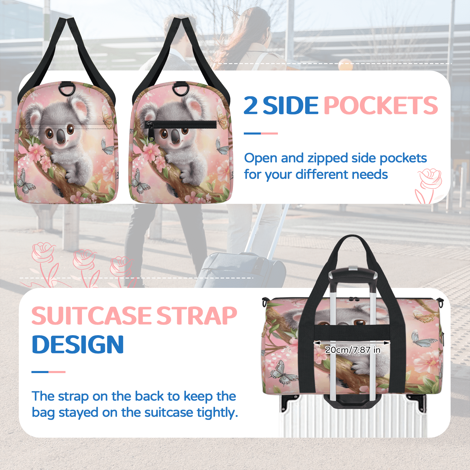 Herdesigns Cute Koala Gym Bag for Women, Animals Duffle Bag for Travel Sport, Lightweight Waterproof Carry on Weekender Overnight Dance Yoga Workout Bags