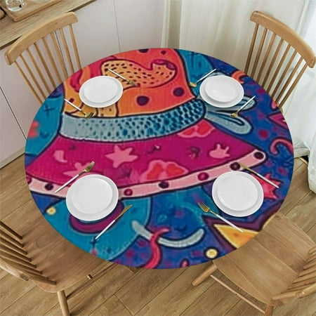 

BANET Fitted Round Tablecloth Red Xmas Merry Colorful Cover Elastic Edged Table Cloth Fits Round Tables 54 -58