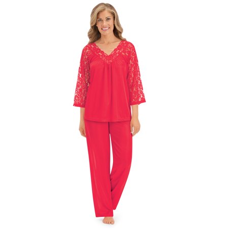 

Collections Etc Silky Lace Trim Pajama Set with 3/4 Sleeves