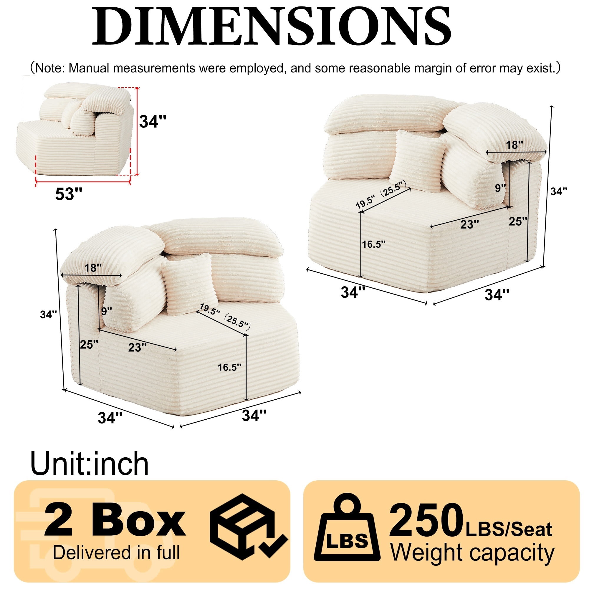 Compressed Boneless Floor Sofa, Modular Couch with Multi-Cushion Backrest, Upholstered Futon Loveseat, Accent Armchair Set of 2