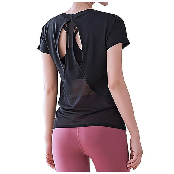 Women's T-Shirts Open Back Short Sleeve Crop Top Loose Athletic Yoga Workout Casual Crop Tee for Fitness and Everyday Wear