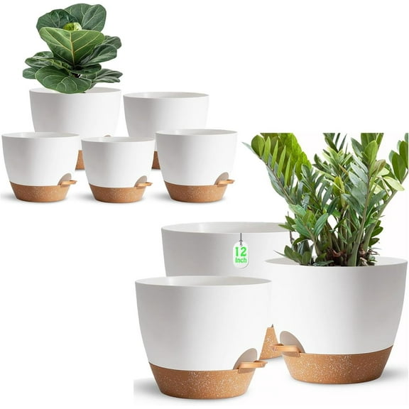 8Pack Self Watering Plant Pots for Lazy People, 12/10/9/7/6.5/6/5.5/5 Inch,White Plastic Self Watering Planter for All Houseplants,Succulent, African Violets,Snake Plants, Flowers and Cactus