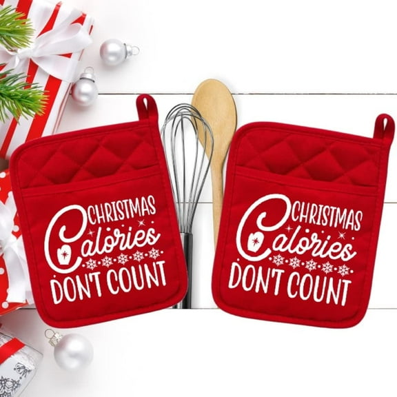 Set of 2 Red - Christmas Calories Don't Count - Pot Holder - Oven Mitt - Hot Pad - Polyester & Neoprene White Elephant - 9" x 7" - NEO050REDDBL