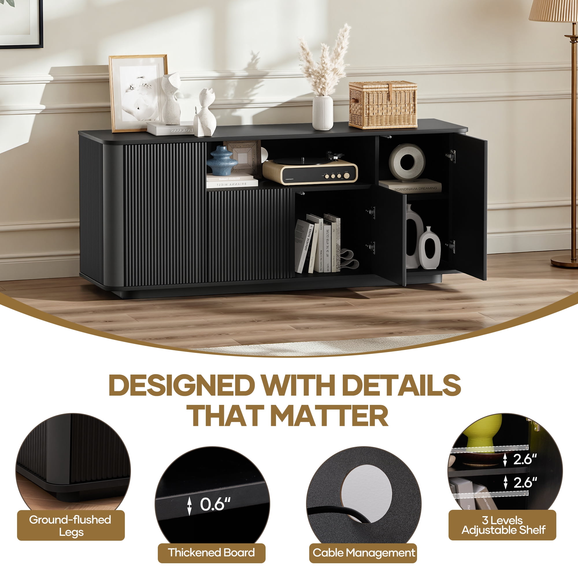 MARNUR Fluted TV Stand for TVs up to 65", 55" Modern Media Console with 3-Sided Fluted Design, Push-to-Open Doors for Living Room, Black