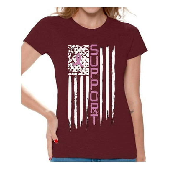 Awkward Styles Support American Flag Tshirt Pink Ribbon Shirt Breast Cancer Awareness Shirts for Women Support Gifts for Cancer Survivor Breast Cancer Tshirt Pink Gifts for Her Pink Ribbon Support Tee