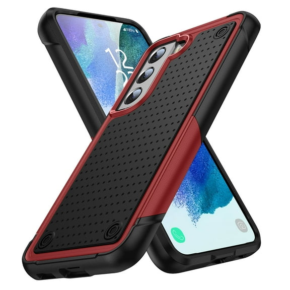 ELEHOLD for Samsung Galaxy S21 FE 5G 2022 Fit Case, Military-Grade Dual Layer Raised Frame Screen & Camera Lens Protective Armor Hybrid PC+TPU Anti-Drop Shockproof Slim Rugged Case,Red