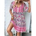 thumbnail image 6 of Women'S V Neck Patchwork Dress Bohemian Print Mini Skirt Summer Casual Beach Chic Pink S, 6 of 9