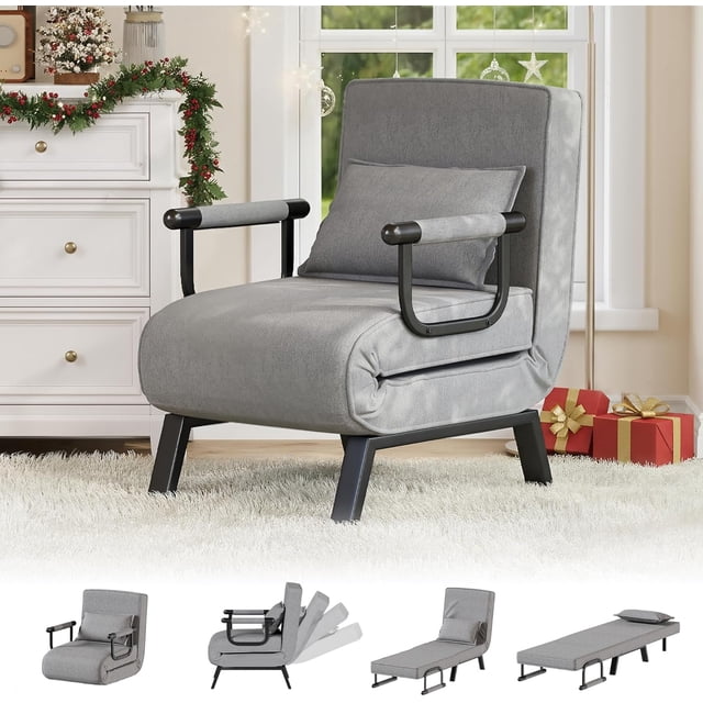 Silla plegable, cómodo sofá cama convertible, cama plegable 5 en 1 con respaldo y almohadas ajustables en 5 posiciones, silla individual, cómoda silla futón,Gris