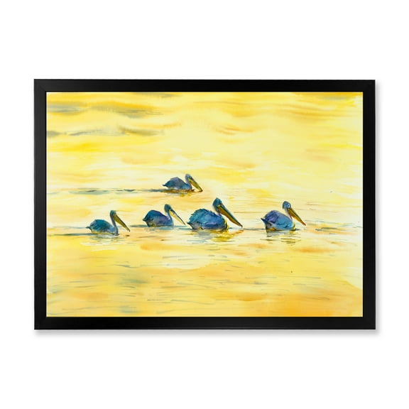 Designart 'Pelicans Birds On The Yellow River' Farmhouse Framed Art Print