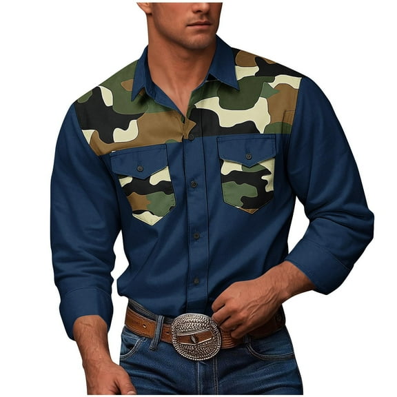 KeShDi Fall Jackets Men Casual Fashion Button Camouflage Double Pockets Print Long Sleeve Turndown Workwear Shirt Dark Blue 2X