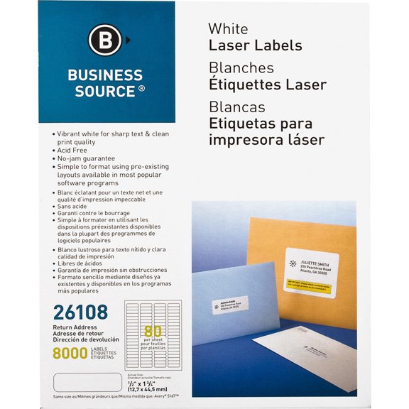 Business Source Address Laser Labels Permanent Adhesive - 0.50" x 1.75" Length - Rectangle - Laser - White - 80 / Sheet