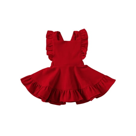 

Nokpsedcb Toddler Kid Girls Solid Color Suspender Skirt Sleeveless Square Collar Large Hem High Waist Dress with Ruffles Red 2-3 Years