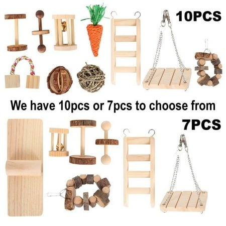 Willstar 7/10pcs/set Hamster Chew Toys, Natural Wooden Dumbells Exercise Bell Roller Teeth Care Molar Toy for Birds Bunny Rabbits Gerbils