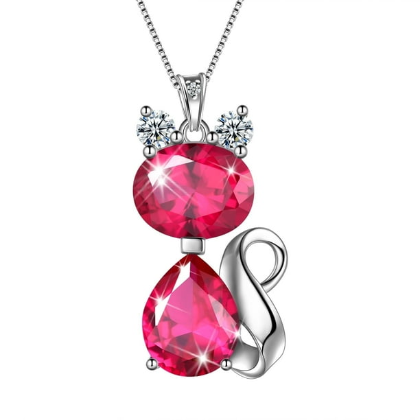 Juwaliy Collar de Piedra Natal de Julio con Colgantes de Gato, Collares de Rubí Rojo, Joyería de Plata de Ley 925, Joyería para Mujer, Hija, Esposa, Madre, Regalo de Cumpleaños de Navidad