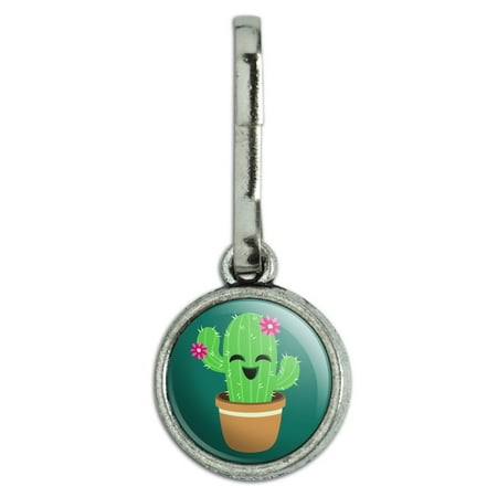 Pot Puree Cute Cactus in Pot with Pink Flowers Antiqued Charm Clothes Purse Suitcase Backpack Zipper Pull Aid ()