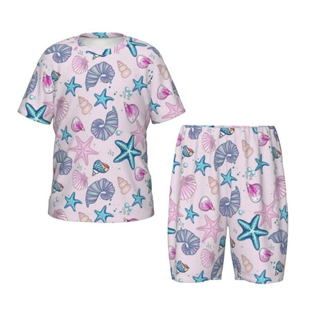 Luyuia Sea Shells 3 Print Girls  2-Piece Tie-Dye Pajama Set  Cute Summer Loungewear with Shirt and Tank Shorts Nightwear-Medium