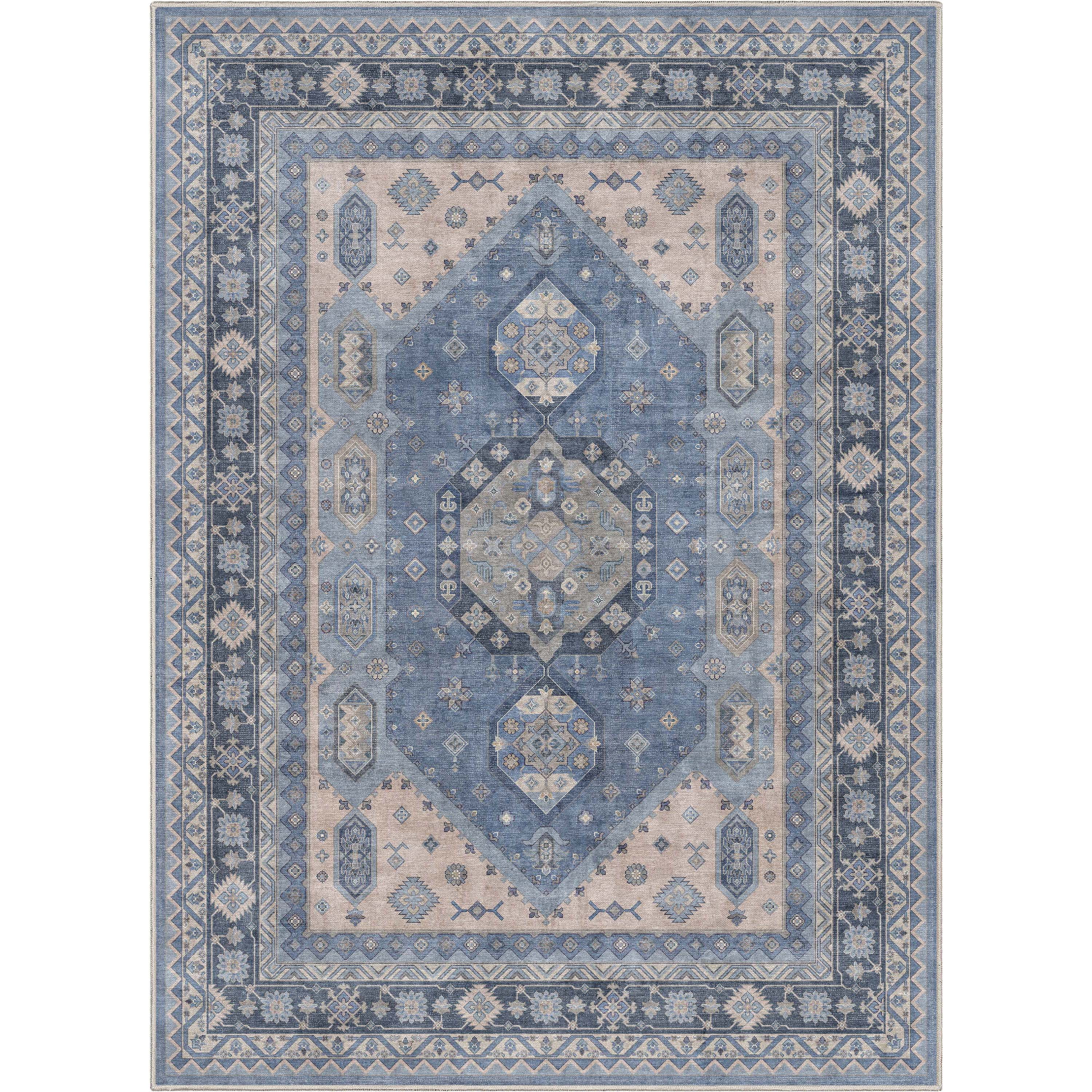 Well Woven Apollo Nicosia Vintage Medallion Blue Flat-Weave Easy to Clean 5'3" x 7'3" Area Rug