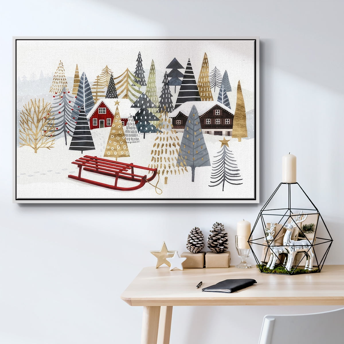 Christmas Chalet Collection A - Framed Gallery Wrapped Holiday Canvas - 25 x 37 - White Frame