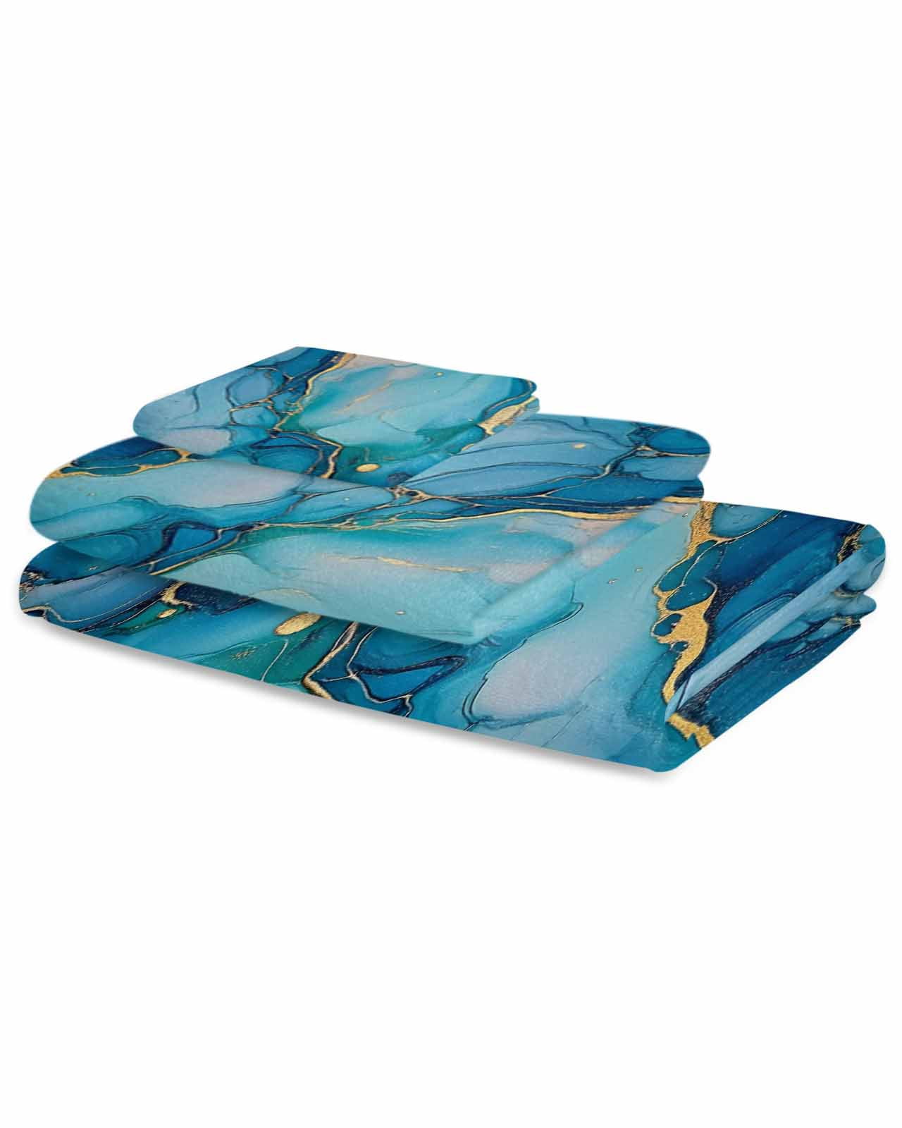Modern Turquoise Towel Set of 3, Soft Microfiber Bath Towels, Hand Towel, Washcloths, Abstract Teal Gold Marble Textured Quick-Dry Absorbent Towels for Bathroom Kitchen Hotel Beach Gym Spa