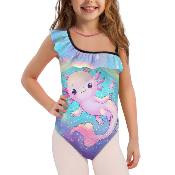 Uorisanigo Rainbow Axolotl Girls Swimsuit One Piece Swimwear Bathing Suit with Adjustable Strap One Shoulder Swimming Suits, Size 3-4