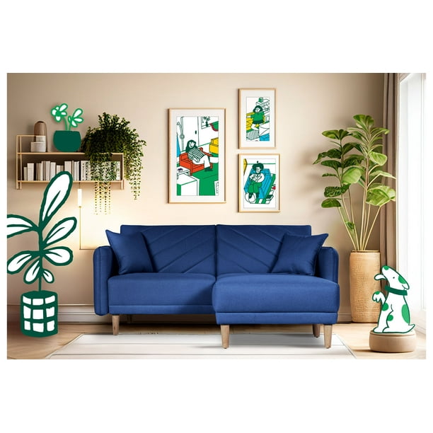 Sala Modular Sofá Cama Reversible de Lino Azul Modelo Ritz Makora