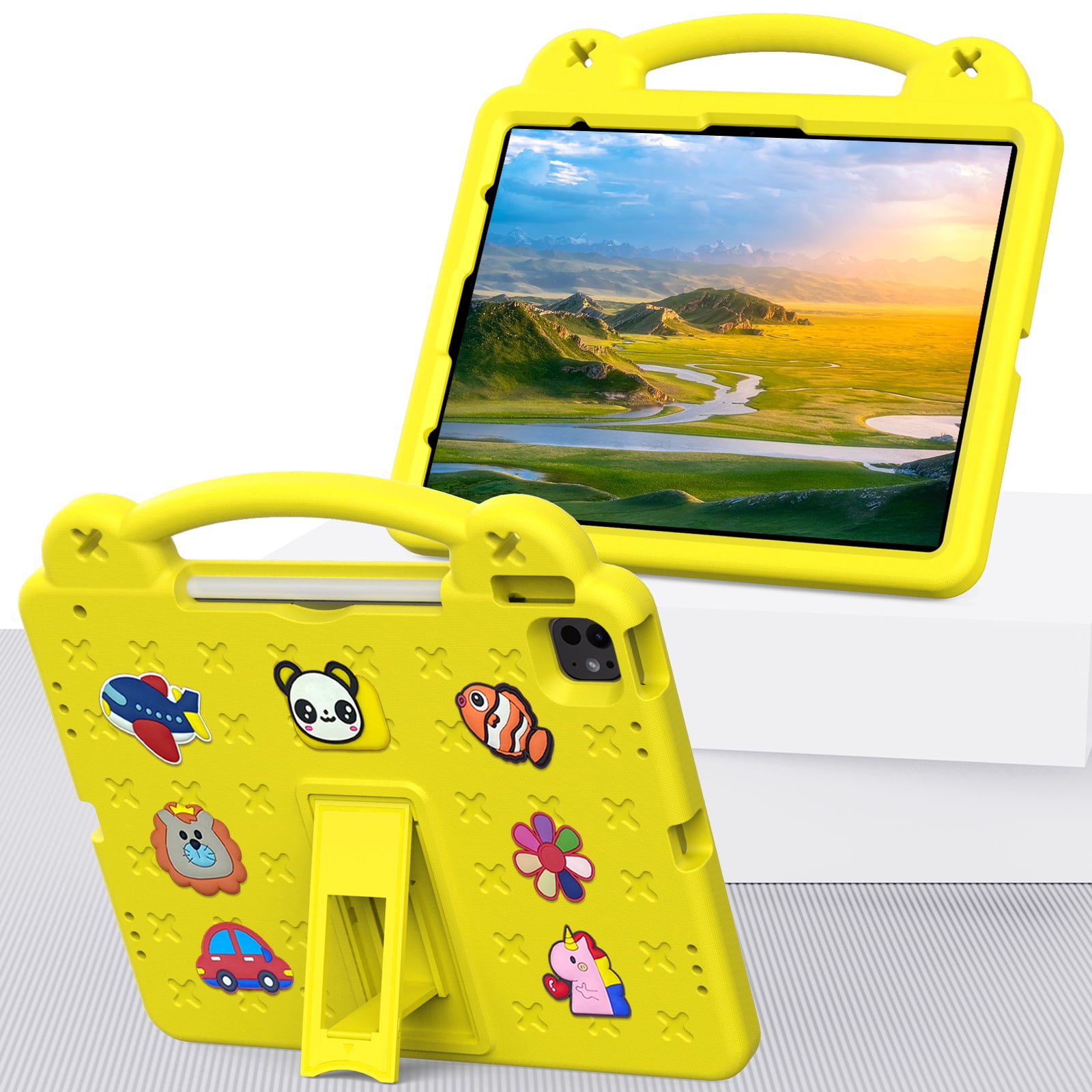 Nalacover Cartoon Handle Case for Apple iPad Air 11 inch 2024 Case, EVA Foam Cute Pattern with Pencil Holder Kickstand Cute Shockproof PC Case for iPad Pro 11 inch 2024, Yellow
