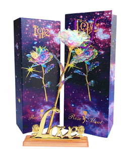 Colorful Galaxy Rose Artificial Flower Unique Gift with Love Stand, gift box & bag for Mother's Day, Wedding Anniversary, Girl's Birthday, Daughter, Thanksgiving Day, Christmas and Valentine's Day