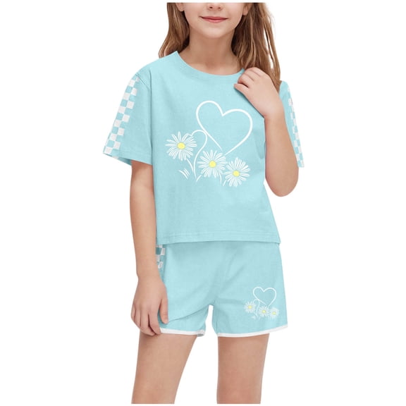 TAGOLD Summer Outfit Sets for Kids Clothes,Girls Outfit Sets,Fashion Boy And Girls' Casual Short Sleeve Round Neck Collar Botton Printed Short Pants Sets