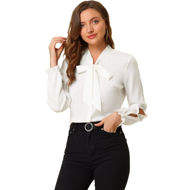Allegra K Blusa elegante con cuello de pajarita para mujer, blusa de gasa de trabajo de manga larga con volantes blanco S