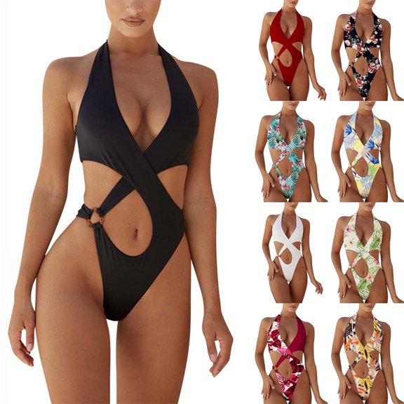Abcnature Women's One Piece Swimsuit, High Waisted Bikini Swimsuits, For Hawaiian Sexy Deep V Neck Front Cross Halter Bathing Suit Cheeky Bottom Beachwear Sets Tummy Control Swimsuits Black L