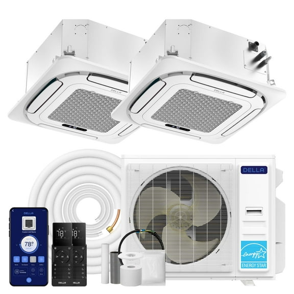 DELLA 35,000 BTU 2 Zone (12K 18K) Ceiling Cassette Mini Split AC, Ultra Heat -13℉, 360° Airflow, Covers 1550 Sq.Ft, Energy Star, 22.5 SEER2, 208-230V, Work with Alexa, Pre-Charged Heat Pump,25ft Kits