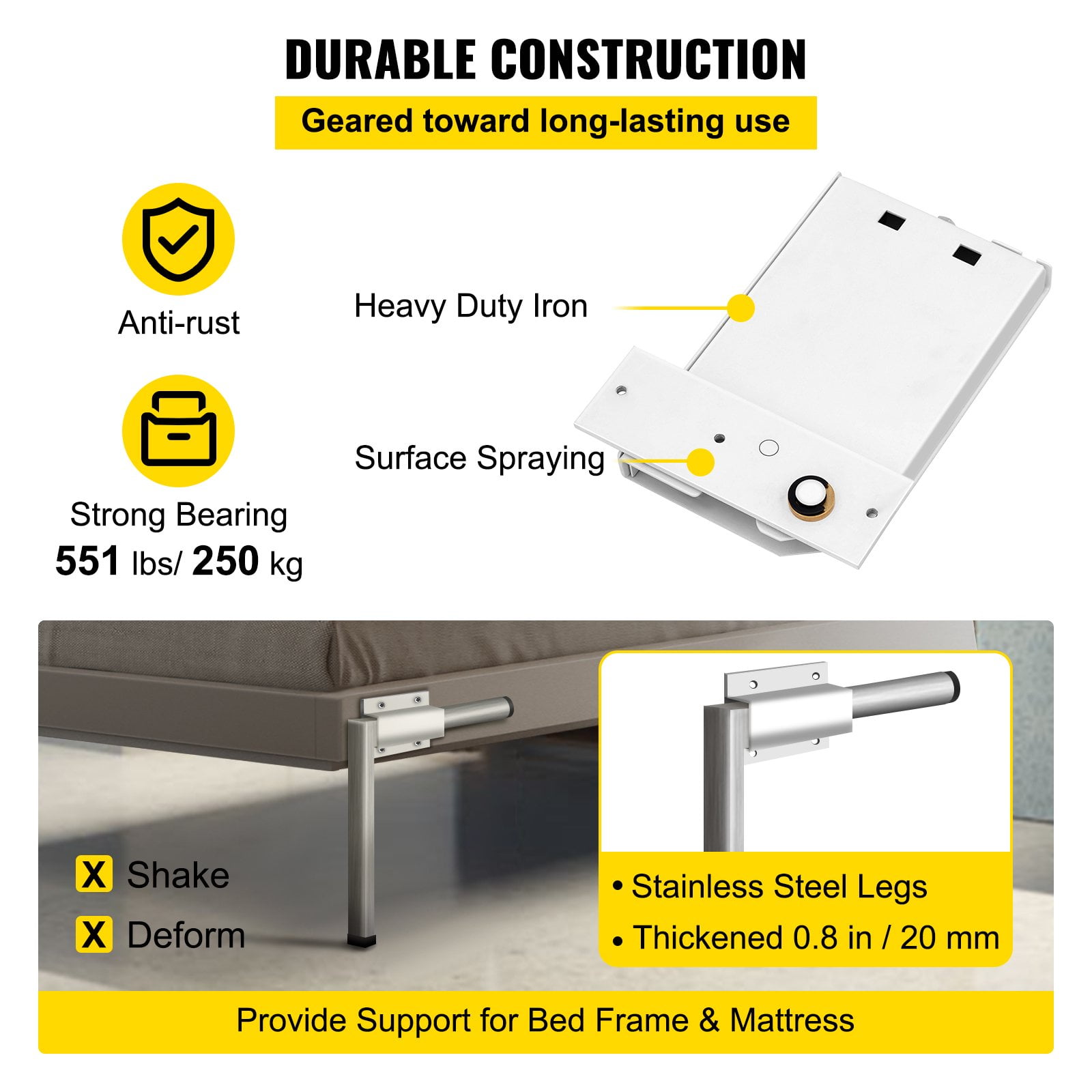VEVOR DIY Murphy Bed Hardware Kit Horizontal Mounting Wall Bed Springs Mechanism Heavy Duty Bed Support Hardware DIY Kit for Twin Size Bed