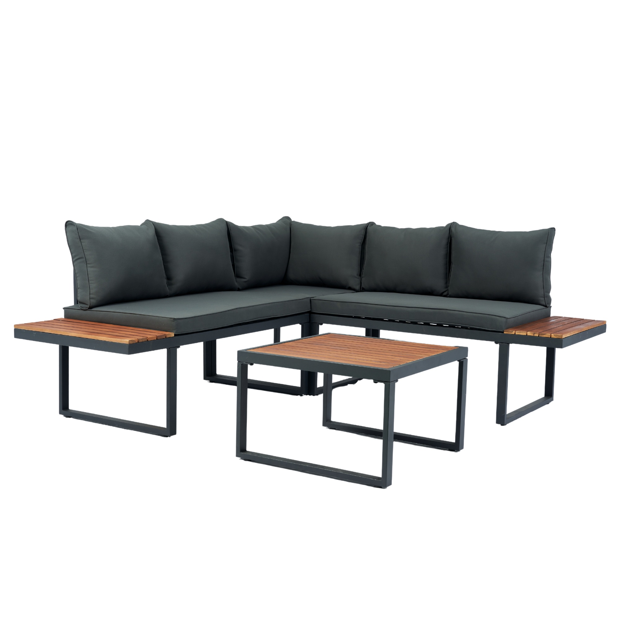 PORKISS 4 Pieces Outdoor Patio Set, Wicker L-Shaped Sectional Sofa Set with Wood Side Table and Cushions, Modern 5-Seater Conversation Set for Garden, Yard, Poolside, Dark Grey