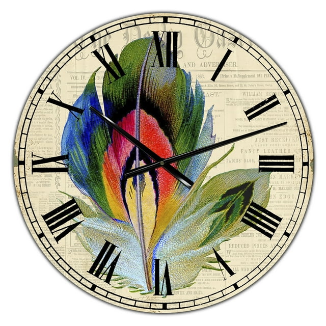 DesignArt Plume Élégante Colorée sur Vieux Journal de Style II Grande Horloge Murale