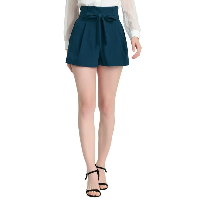Unique Bargains Short en Papier à Taille Haute avec Nœud Papillon pour Femme Bleu Paon S
