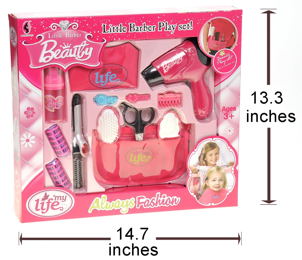 PlayWorld Pretty in Pink Beauty Salon Fashion Set With Hair Dryer, Curling Iron, Mirror, Scissors, Hair Brush, And More