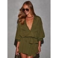 thumbnail image 6 of Women'S Collar V Neck Button Down Pleated 3/4 Sleeve Mini Shirt Dress with Belt Army Green XXL, 6 of 9