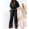 thumbnail image 4 of Women'S Solid Color Collared Blouse and High Waist Pants Two Piece Set Fashion Black S, 4 of 9