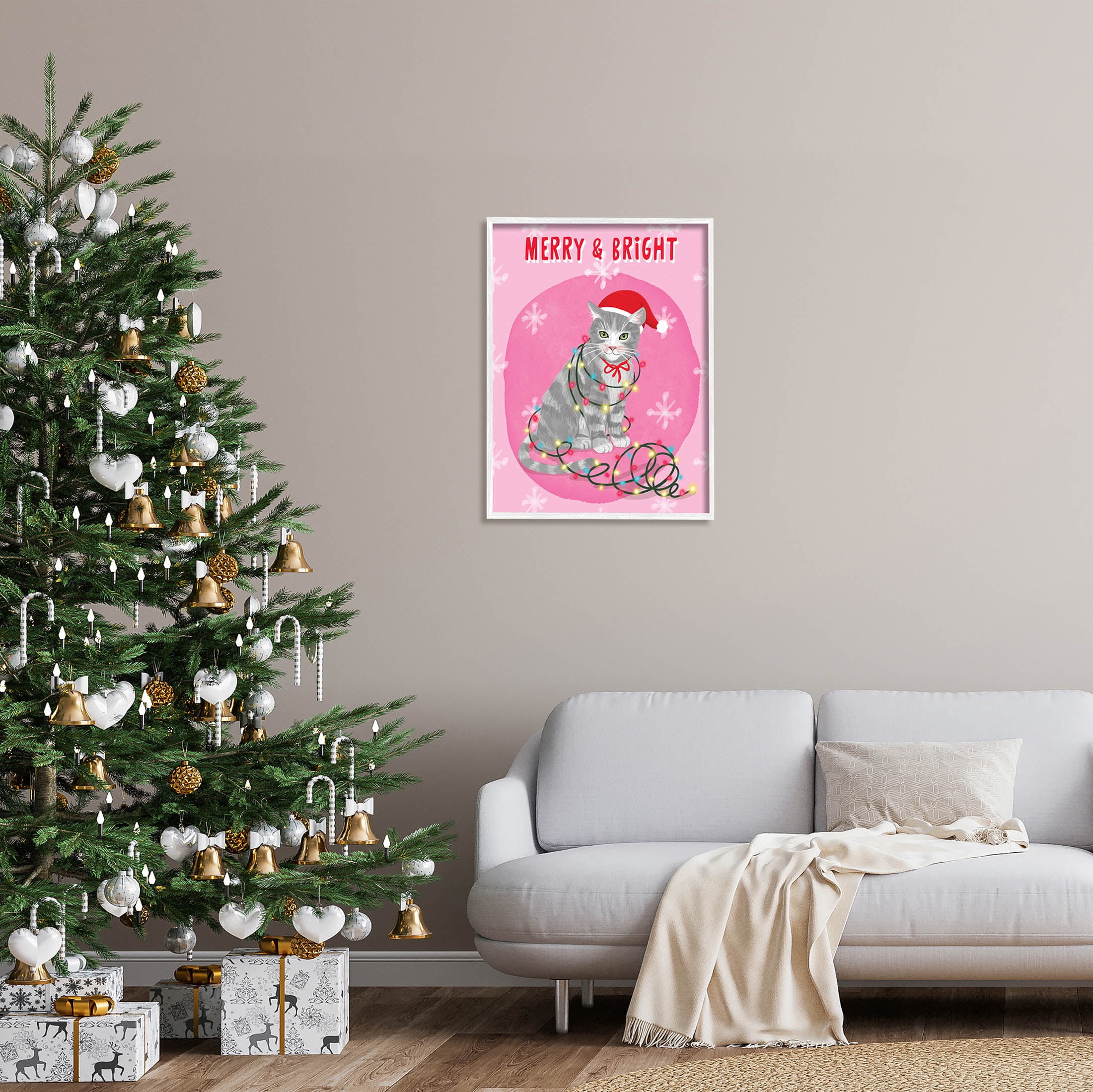 Stupell Industries Merry & Bright Christmas Cat Lights Graphic Art White Framed Art Print Wall Art, Design by Be Ni La
