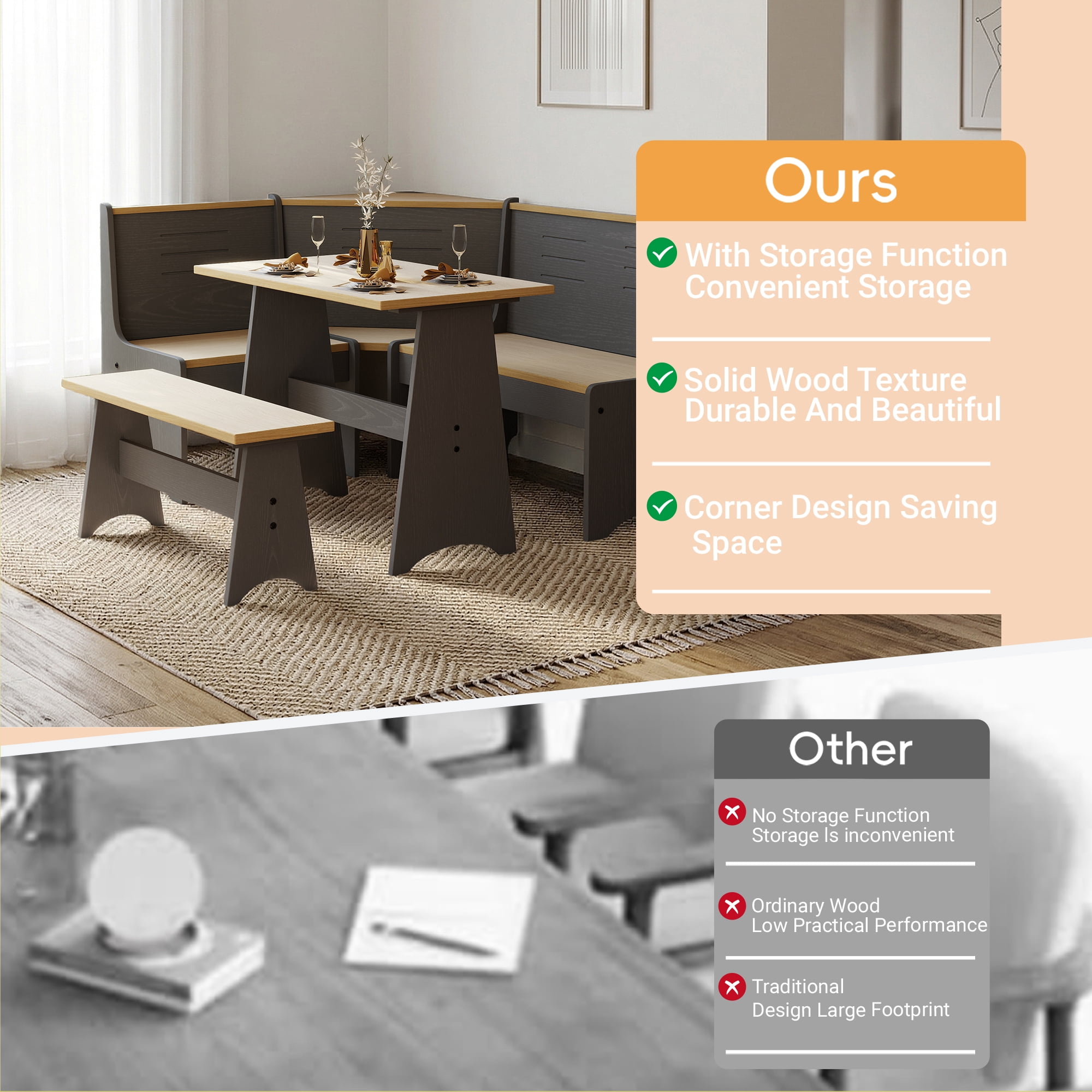 Koby Home Breakfast Nook Table Set, Storage Farmhouse Corner Kitchen Dining Table with  L-Shape Bench Chairs, Black Wood