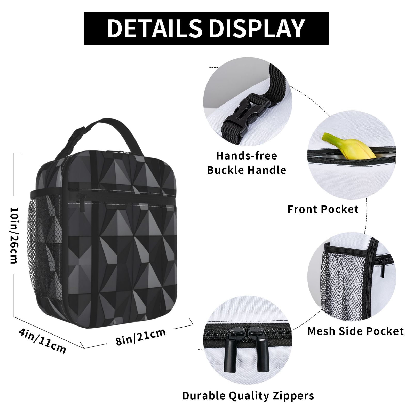Lunch Bag For Women Men Insulated Portable Lunch Box Bento Box Office Picnic Travel Cooler Bag Dark Gray Geometric Patterns_1 (2)
