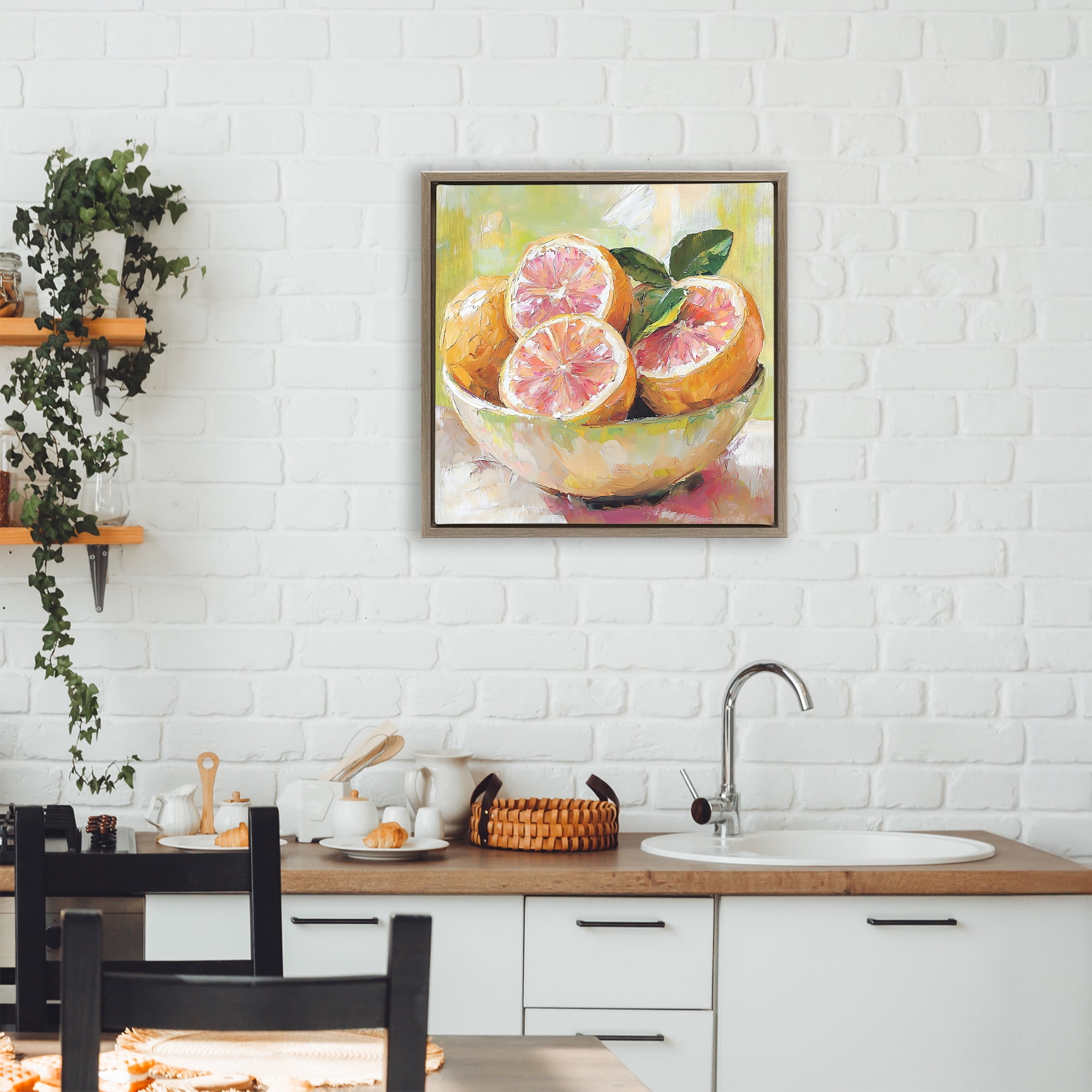 Stupell Industries Bold Grapefruit in Ceramic Bowl Brown Framed Floater Canvas Wall Art, design by Riley B