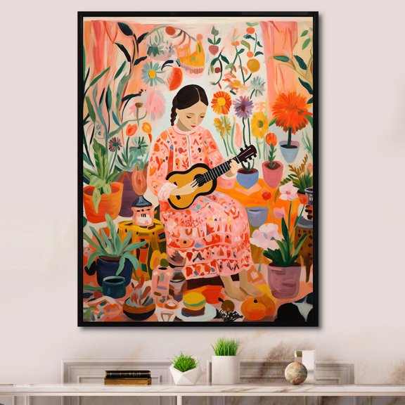 Designart "Mexican Children Art in Orange III" Fantasy Framed Wall Art - Kids Pink Children's Art Living Room Framed Canvas Art