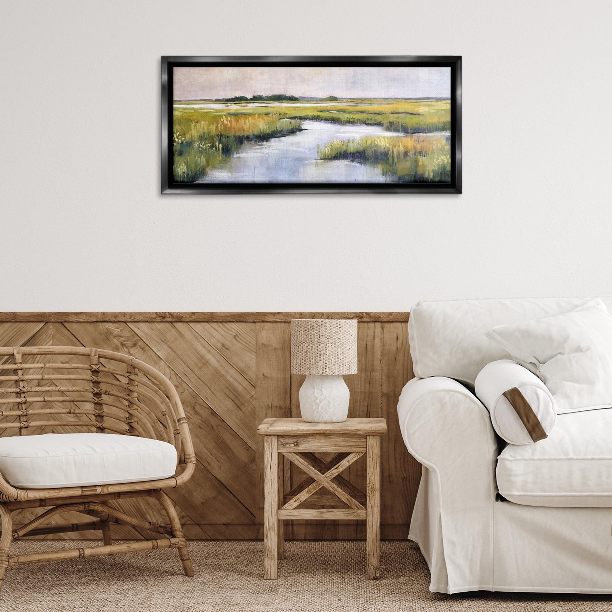 Stupell Industries Grassy Rural Marshlands Landscape & Nature Painting Black Floater Framed Canvas Art Print Wall Art, 31 x 14
