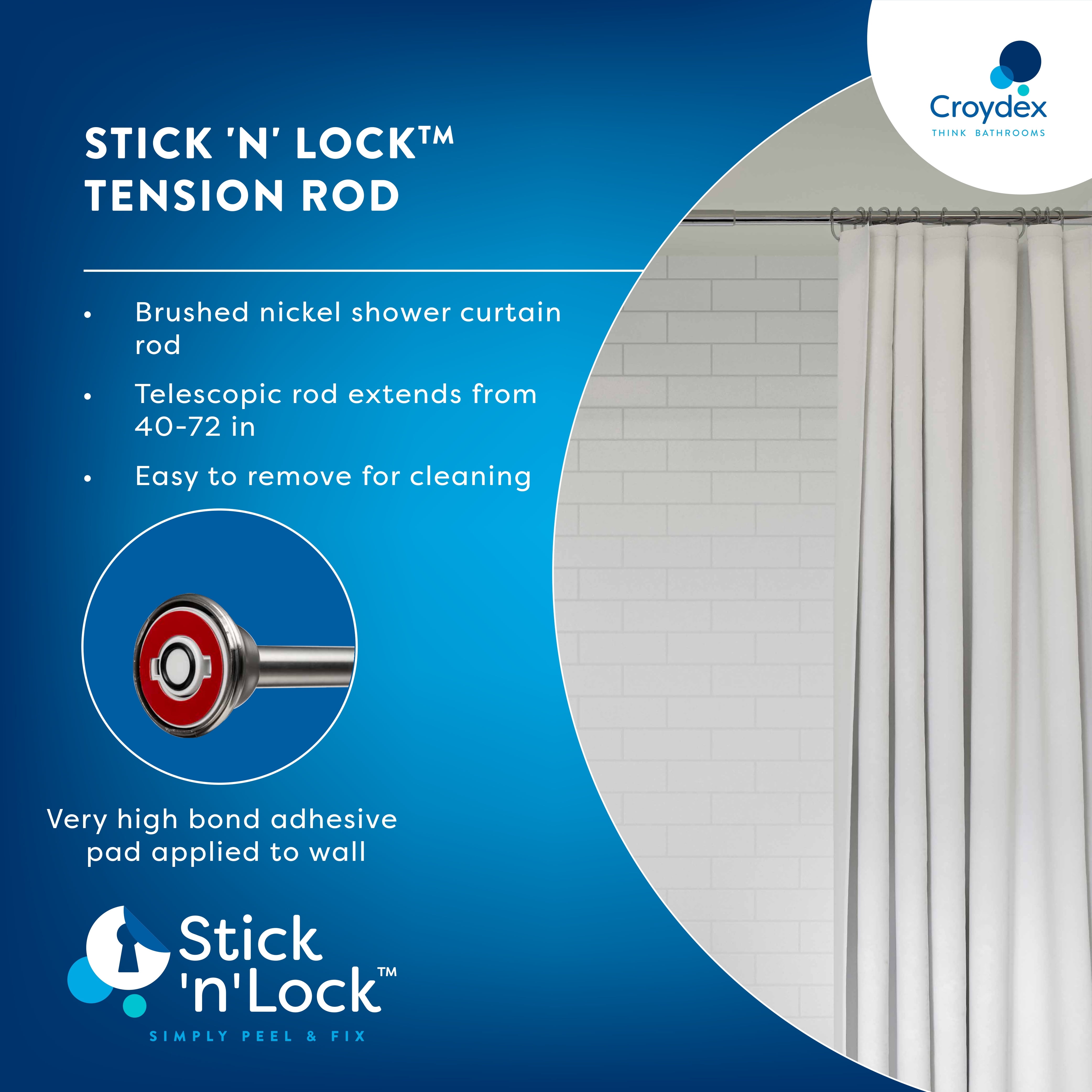 Croydex Stick n Lock Tension Shower Curtain Rod, Extends 40-72in in Brushed Nickel