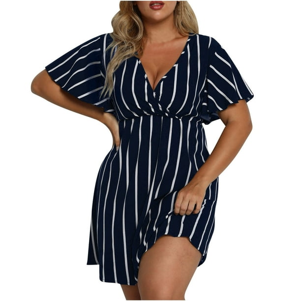 Womens Plus Size Summer Dresses Striped Print Wrap V Neck Short Sleeve A Line Dress for Wedding Guest Cocktail Party Elegant Walmart